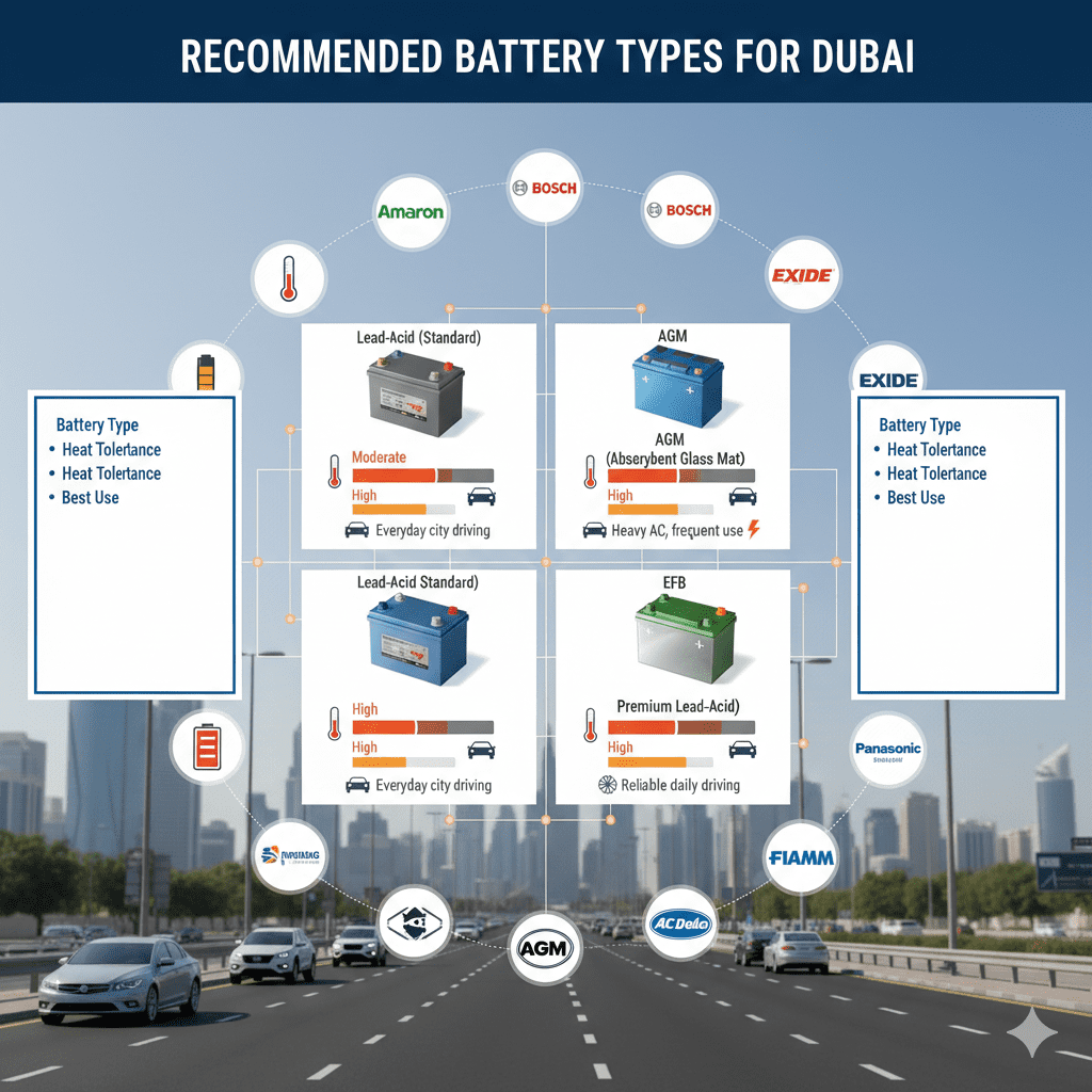 Feature image titled 'Recommended Battery Types for Dubai' showing a 3D animated chart of battery types (Lead-Acid Standard, AGM, EFB, Premium Lead-Acid) with heat tolerance bars and best use labels. Empty side panels for points: Battery Type, Heat Tolerance, Best Use. Animated battery brand logos (Amaron, Bosch, Tuflong, AGM, Exide, Panasonic, FIAMM, AC Delco) on a blurred Dubai cityscape background.