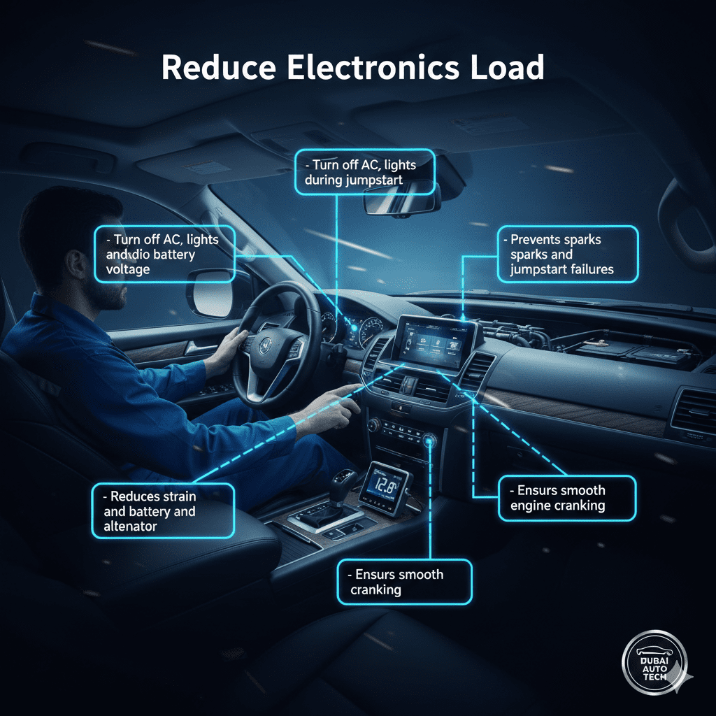 Infographic showing how reducing electronics load during jumpstart in Dubai prevents battery instability