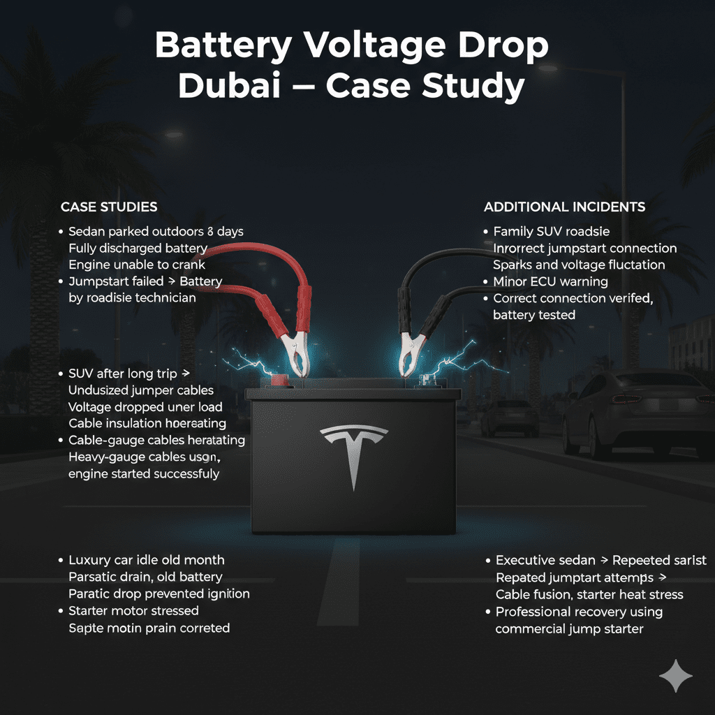 "Battery Voltage Drop Dubai case study guide with premium battery in center, key scenarios, causes, effects, and resolutions displayed as animated bullet points on sides, glowing jumper cables indicating voltage stress."