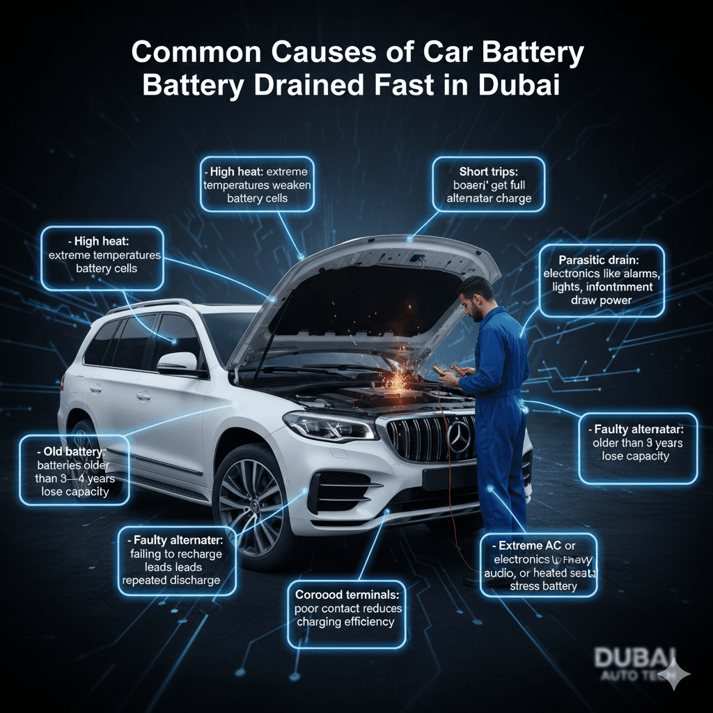 Infographic showing common causes of car battery draining fast in Dubai with highlighted risks and electrical factors