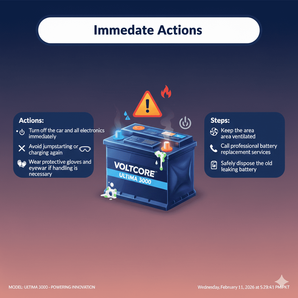 “Professional user guide illustration showing immediate actions for a jumpstart battery leak, with title at the top, safety bullet points on sides, and an animated branded battery in the center.”