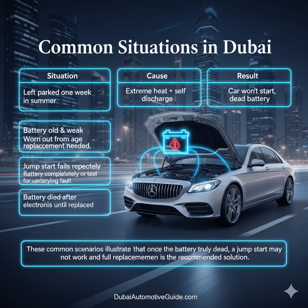 Feature image showing 'Common Situations in Dubai' with title at the top, a visually appealing table of situations, causes, and results along the sides, and a central cinematic premium car with battery warning icon, animated-style highlights.