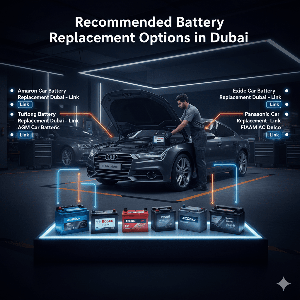 Luxury car in Dubai service center with technician installing premium battery; multiple battery brands (Amaron, Bosch, Tuflong, AGM, Exide, Panasonic, FIAMM, AC Delco) highlighted; infographic-style bullet points on sides show recommended replacement options with links.