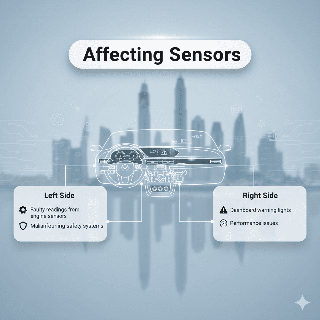 “User guide infographic showing main title ‘Affecting Sensors’ at top, key points on left and right sides, and a premium vehicle image in the center with animated infographic style.”