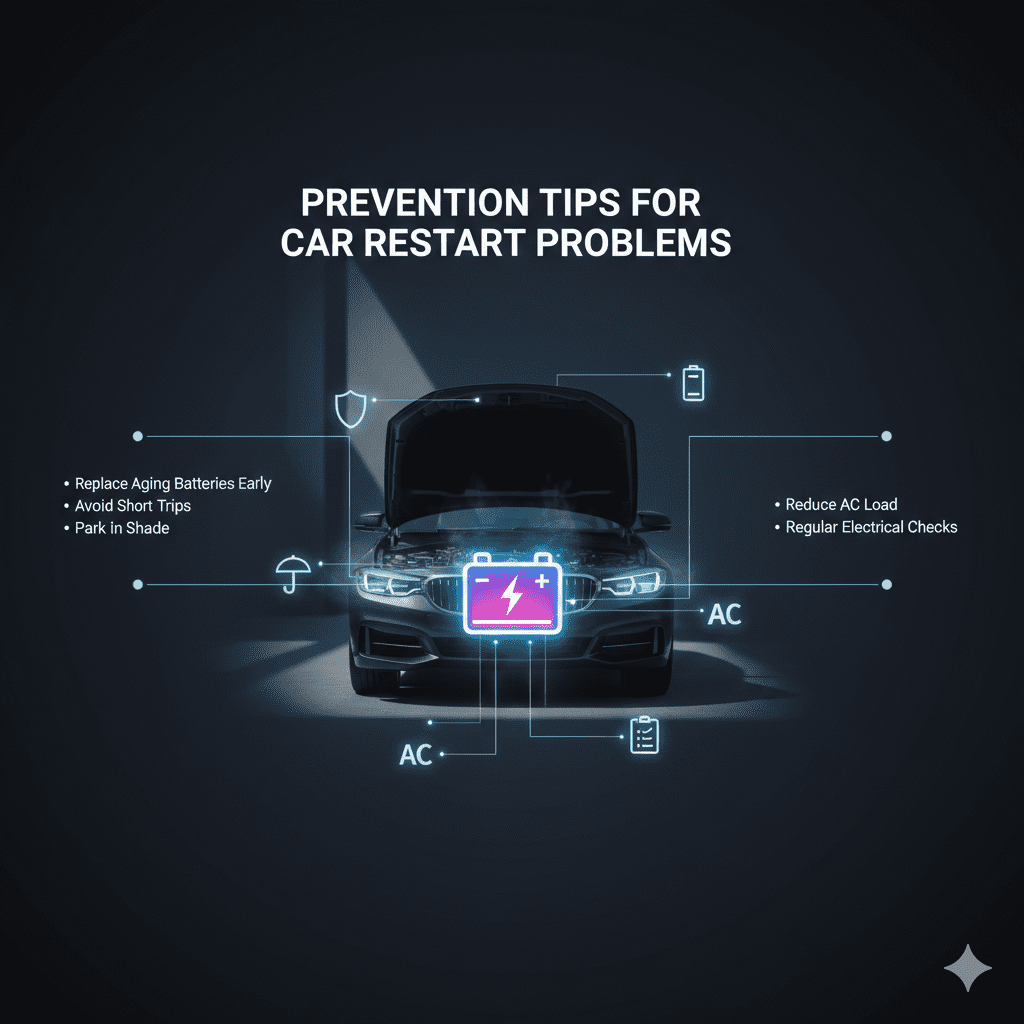 Car prevention guide showing tips to avoid restart failure after driving
