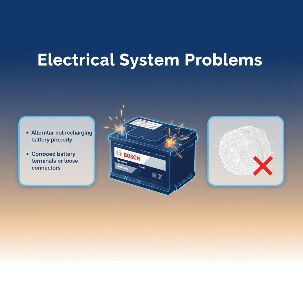 “Animated user guide infographic showing a central premium car battery with glowing sparks, dynamic title at top, and key points on sides including alternator not recharging properly and corroded or loose battery connectors.”