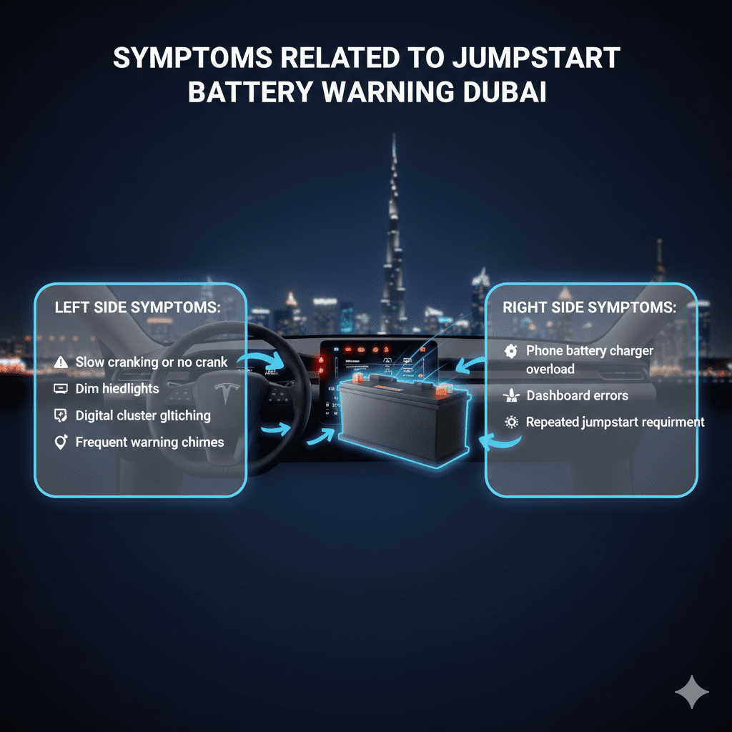"Symptoms Related to Jumpstart Battery Warning Dubai" "Animated infographic showing symptoms of jumpstart battery warning in Dubai with central car battery/dashboard and bullet points on sides, title on top."