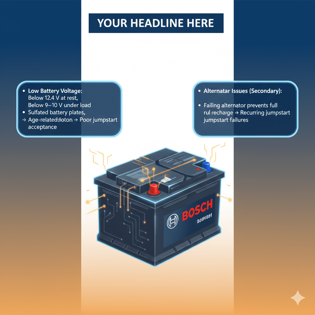 “Animated user guide infographic showing a central car battery with glowing sparks, dynamic title at top, and technical points on sides including low battery voltage, high internal resistance, and alternator issues.”