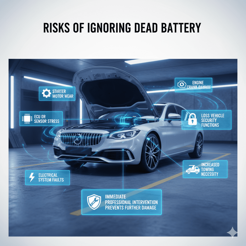 Infographic showing the risks of ignoring a dead car battery, including starter motor wear, ECU stress, and engine damage, with central luxury vehicle and animated points.