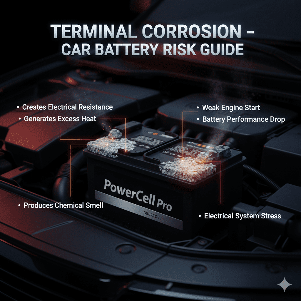 Infographic showing corroded car battery terminals with white and green buildup causing resistance, heat, and chemical smell.