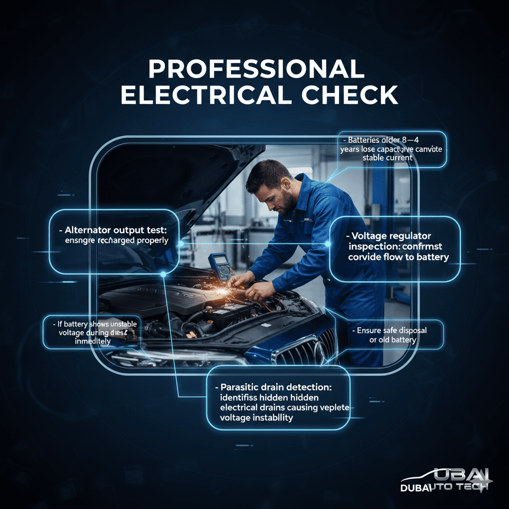 Infographic showing professional electrical check for jumpstart battery instability in Dubai, including alternator output, voltage regulator, and parasitic drain