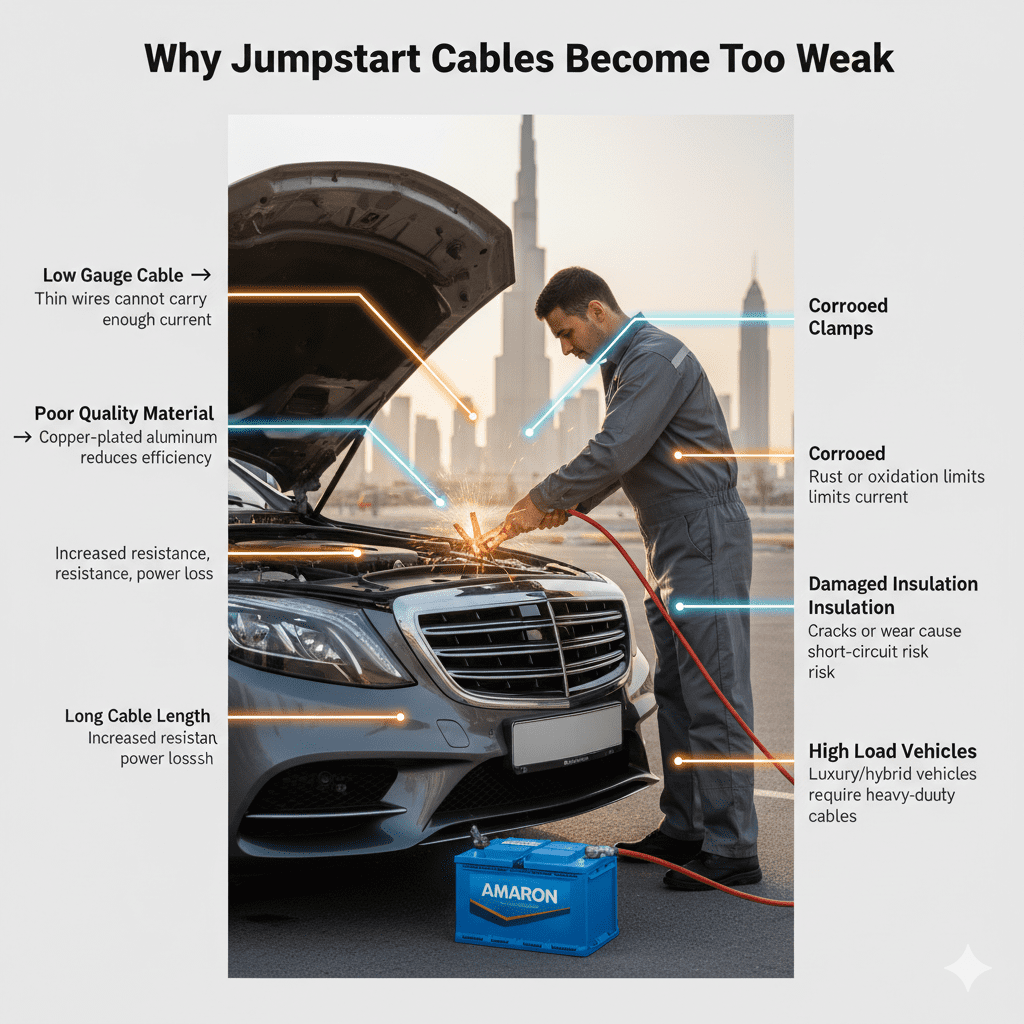 Luxury car in Dubai with technician performing jumpstart; weak cables shown with frayed wires and corroded clamps; infographic-style bullet points on sides highlight low-gauge cables, poor material, long length, corroded clamps, damaged insulation, and high-load vehicle requirements.