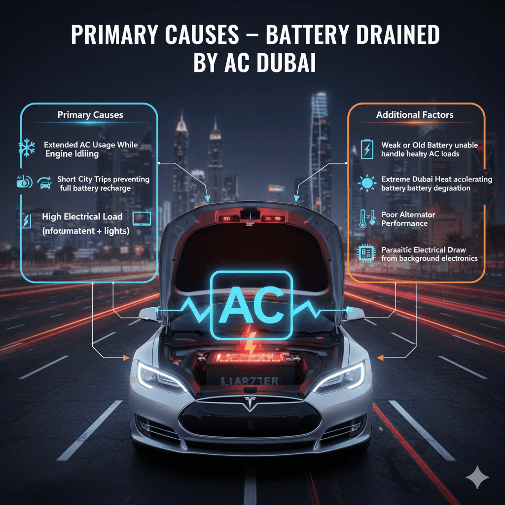 "Primary Causes – Battery Drained by AC Dubai" "Animated infographic showing primary causes of battery drained by AC in Dubai, central branded car with glowing battery and dashboard warning lights, causes displayed on sides, title on top."