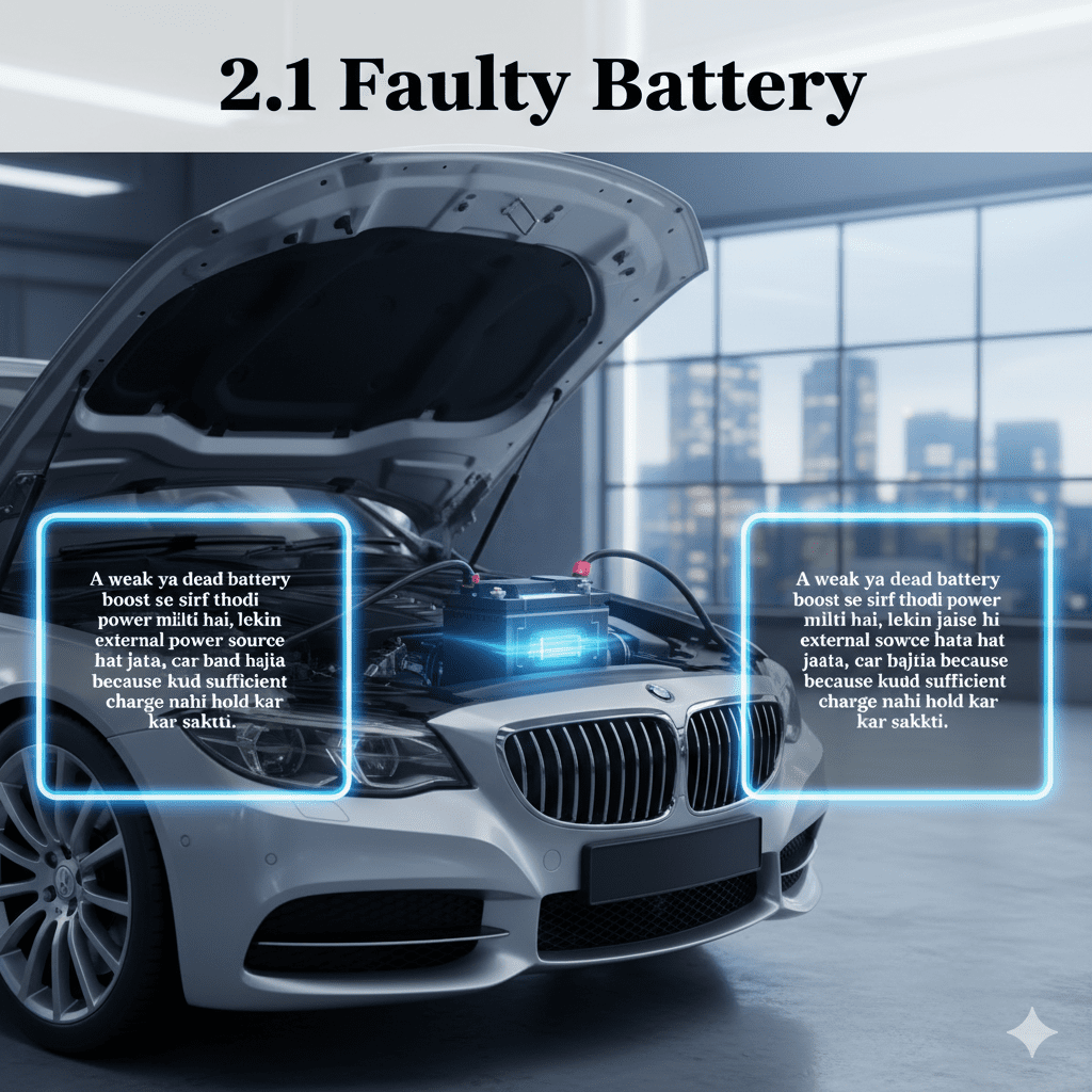 Feature image showing '2.1 Faulty Battery' with title at the top, explanation highlighted in glowing text boxes on the sides, and a central cinematic car battery connected to a premium car, with animated-style highlights.