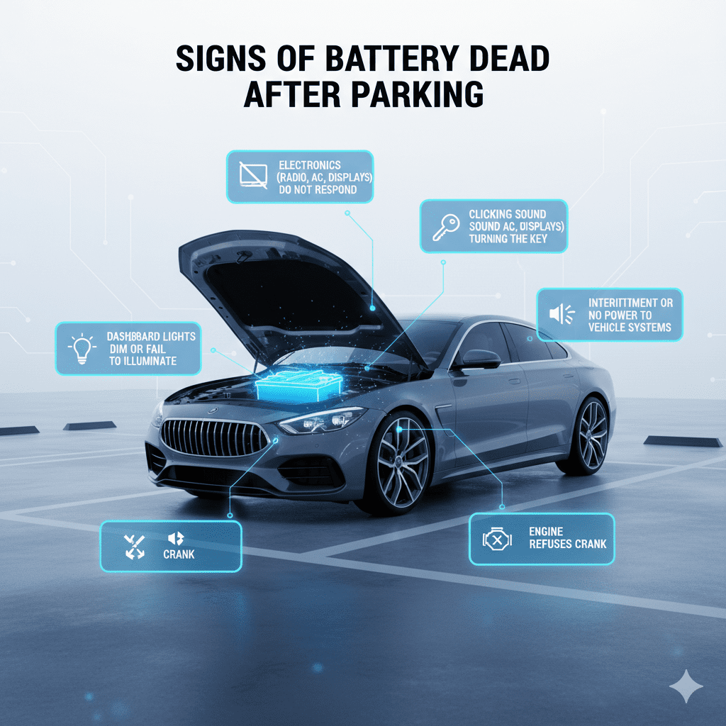 Infographic showing key signs of a car battery being dead after parking, with central vehicle and animated points illustrating engine, dashboard, and electronics failures.