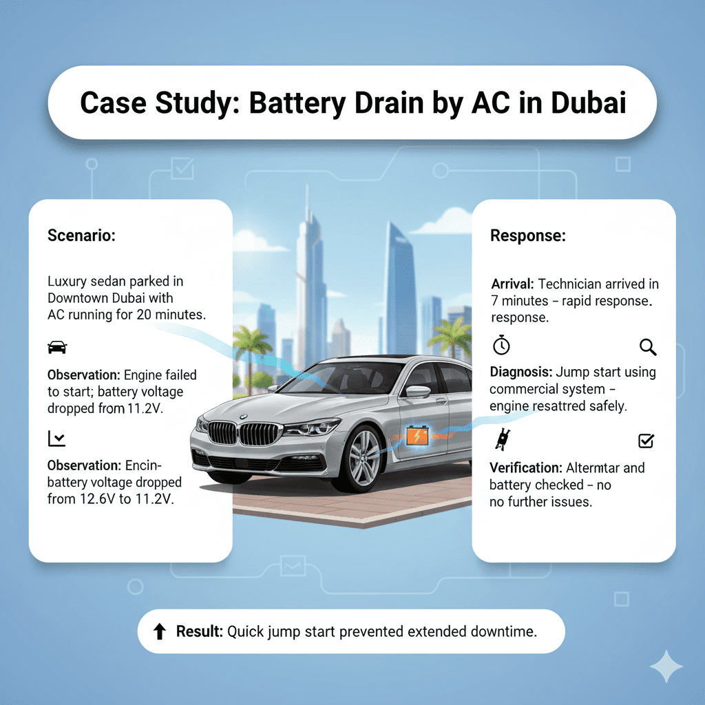 “Case Study: Battery Drain by AC in Dubai – Professional User Guide Infographic” “User guide infographic showing a case study of battery drain by AC in Dubai, with title at top, scenario and observation points on sides, and luxury sedan image in center.”