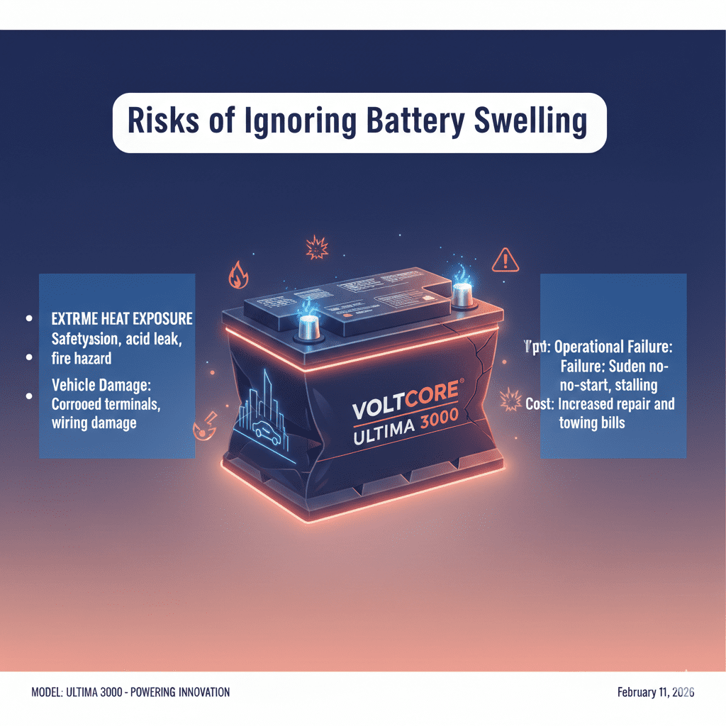 “User guide illustration showing risks of ignoring car battery swelling, with title on top, bullet points on sides, and animated branded battery in the center with warning highlights.”