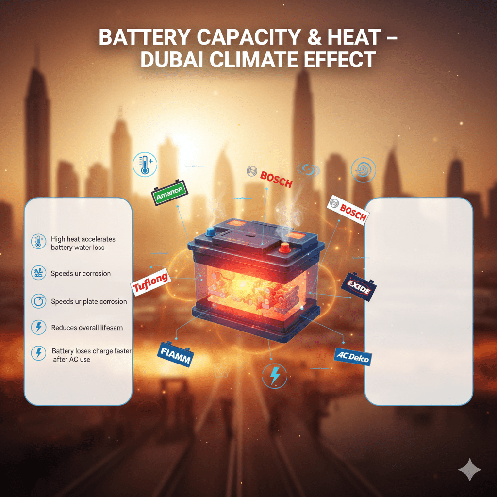 Feature image titled 'Battery Capacity & Heat – Dubai Climate Effect' showing a 3D animated car battery affected by high heat with evaporating water and corroded plates, empty side panels for points, and animated battery brand logos (Amaron, Bosch, Tuflong, AGM, Exide, Panasonic, FIAMM, AC Delco) on Dubai cityscape background.