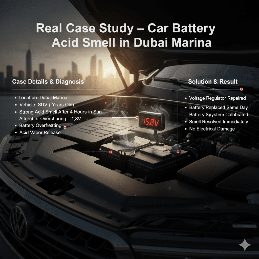 Infographic showing SUV battery overheating in Dubai Marina with overcharging at 15.8V causing acid vapor release and same-day repair solution.