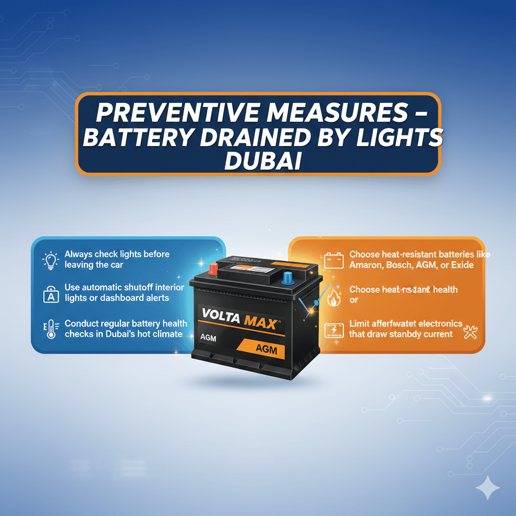 “Animated user guide infographic showing a central premium car battery with glowing sparks, dynamic title at top, and key preventive measures on sides including checking lights, using auto shutoff lights, regular battery health checks, choosing heat-resistant batteries, and limiting aftermarket electronics.”