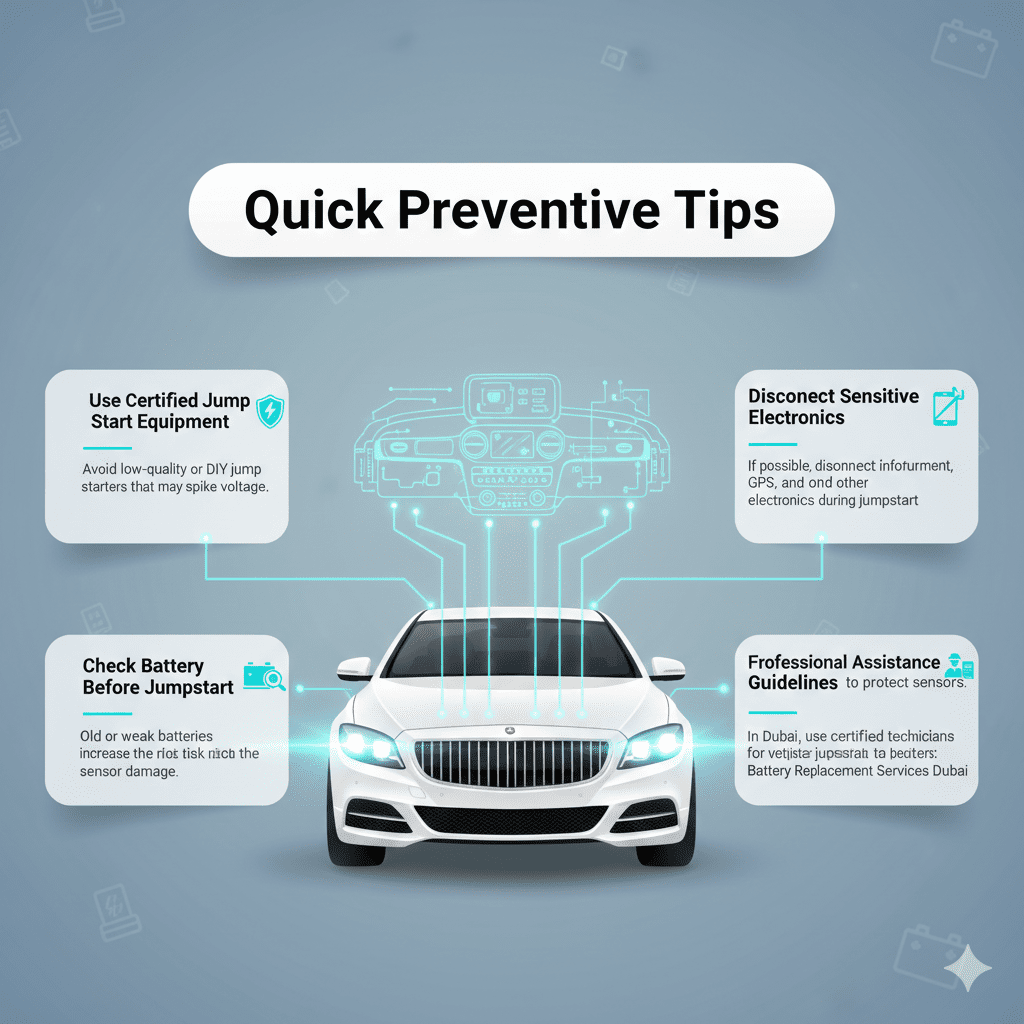 “User guide infographic showing main title ‘Quick Preventive Tips’ at top, key points on left and right sides, and a premium vehicle image in the center with animated infographic style.”