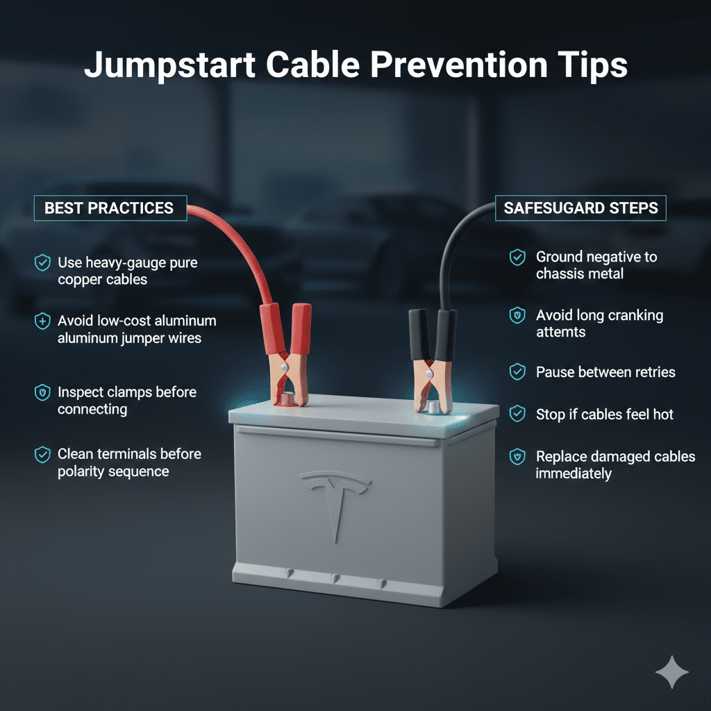 "Jumpstart cable prevention guide with premium battery in center, key safety tips displayed as animated bullet points on sides, glowing cables showing correct usage."