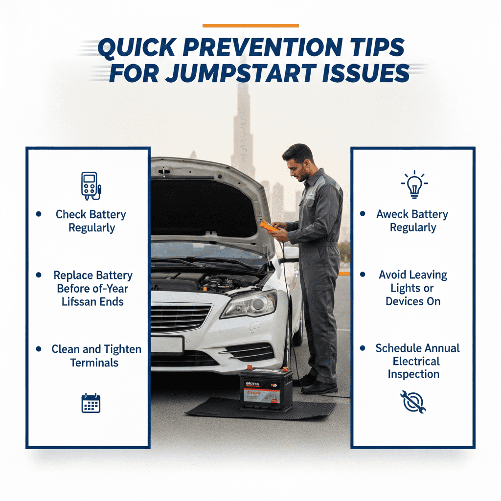 Professional automotive infographic showing battery maintenance prevention tips with technician inspecting car battery in Dubai.