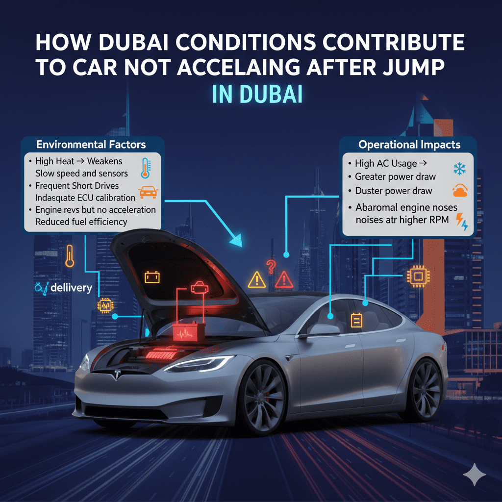 "How Dubai Conditions Contribute to Car Not Accelerating After Jump" "Animated infographic showing how Dubai conditions affect car not accelerating after jump, with central branded car and battery, environmental factors on sides, title on top."