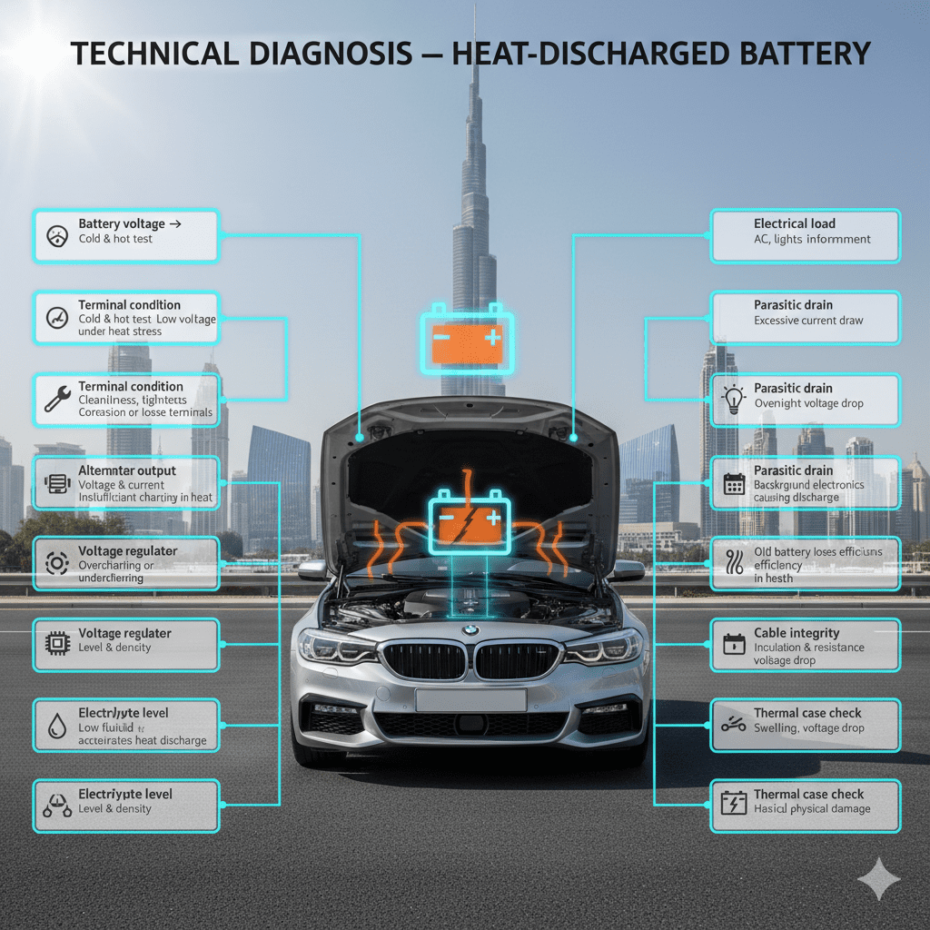 "Infographic showing technical diagnosis of heat-discharged car batteries in Dubai, with central luxury car and side bullet points highlighting battery voltage, terminal condition, alternator output, voltage regulator, electrolyte level, electrical load, parasitic drain, battery age, cable integrity, and thermal case check."