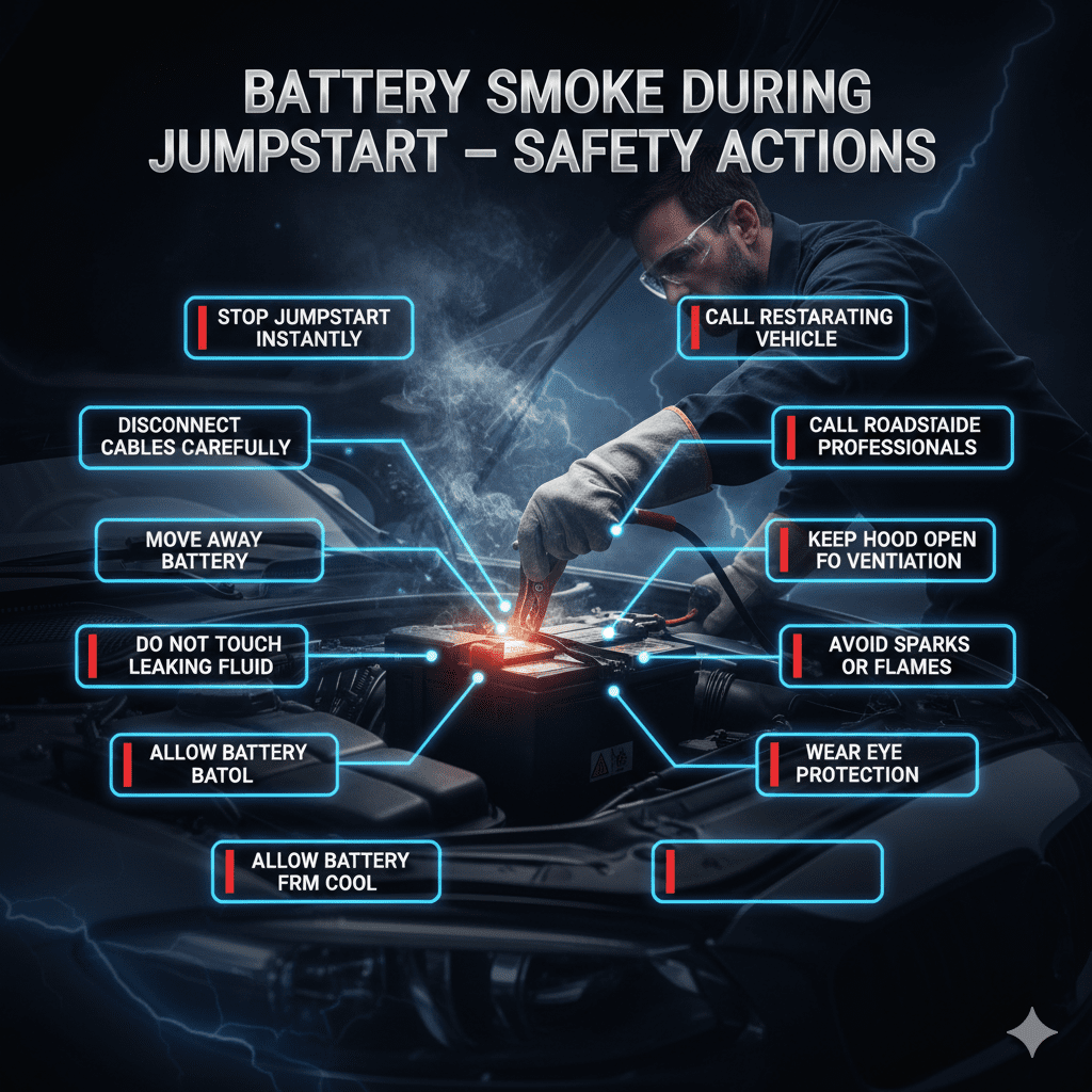 Safety actions during a smoking car battery jumpstart with visual hazard indicators and protective gear