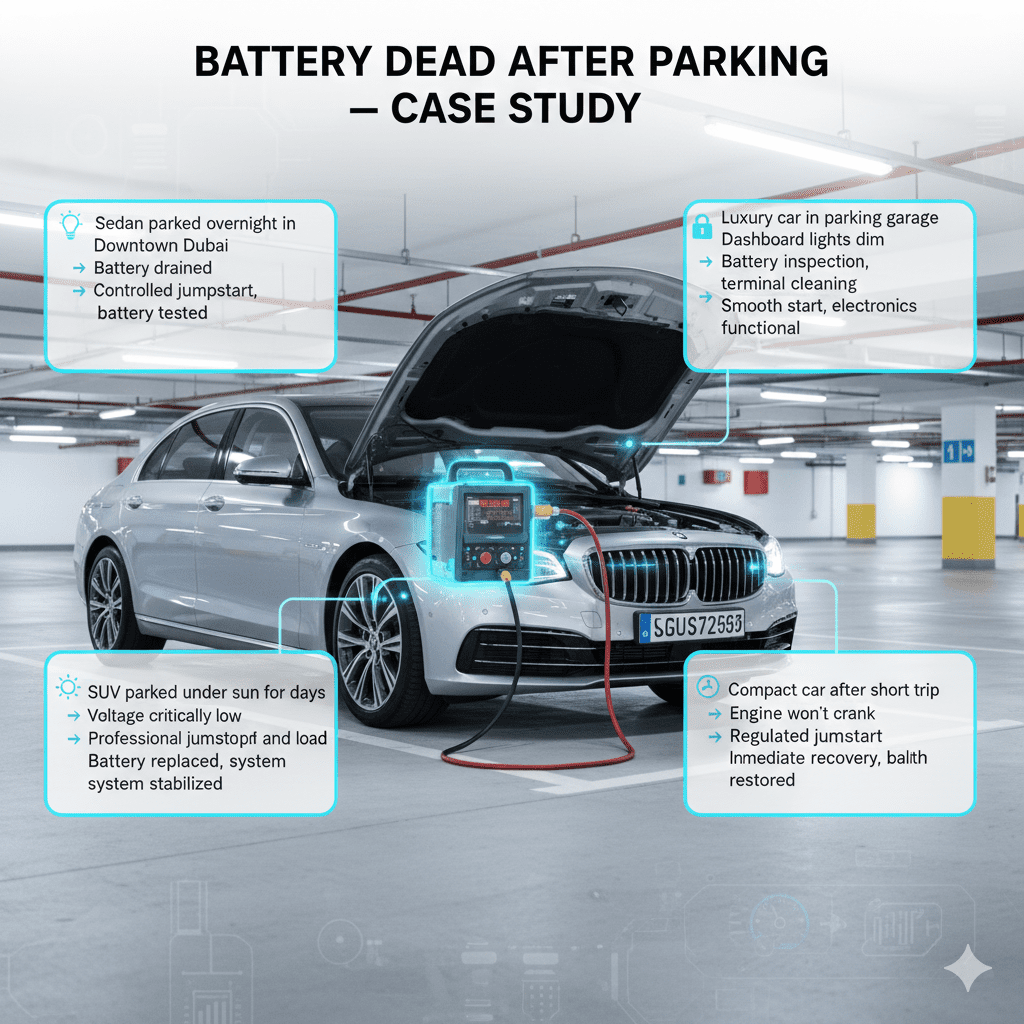Infographic showing case studies of battery dead after parking, illustrating vehicle conditions, technician actions, and results around a central luxury car illustration.