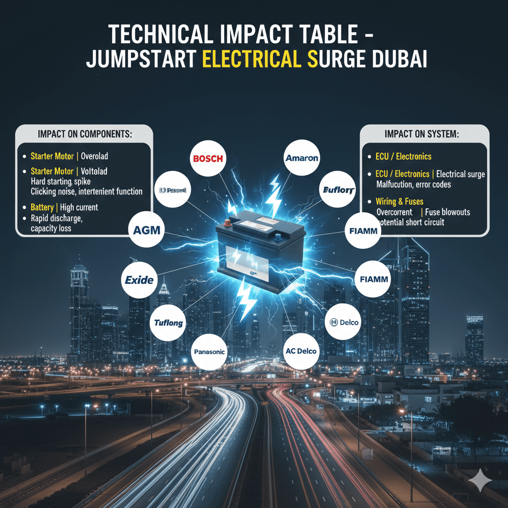 "Infographic showing technical impact table of jumpstart electrical surge in Dubai, with animated car battery in the center and top title 'Technical Impact Table – Jumpstart Electrical Surge Dubai'. Key components and their damage displayed on sides."