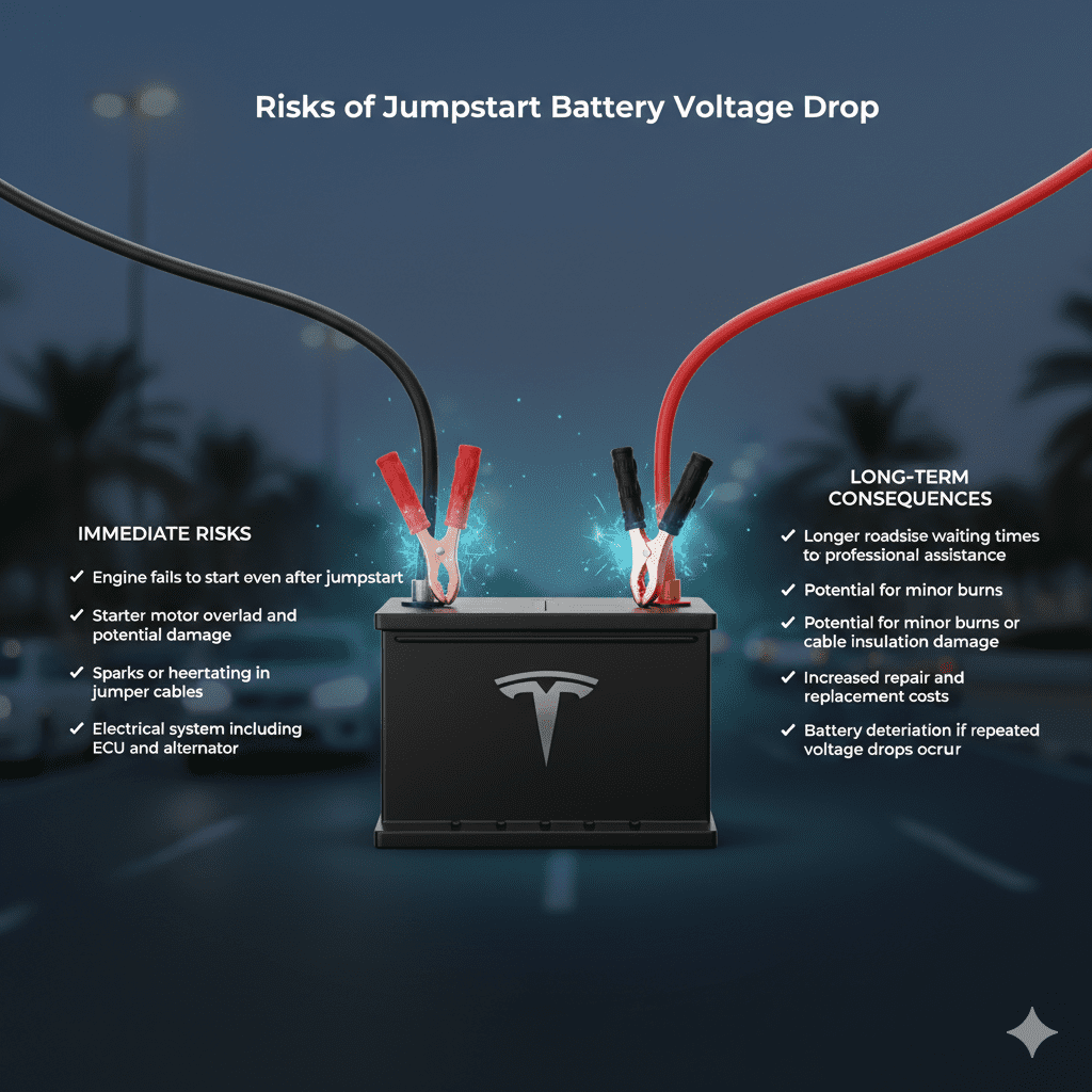 "Risks of jumpstart battery voltage drop guide with premium battery in center, key risks displayed as animated bullet points on sides, glowing jumper cables showing electrical stress."