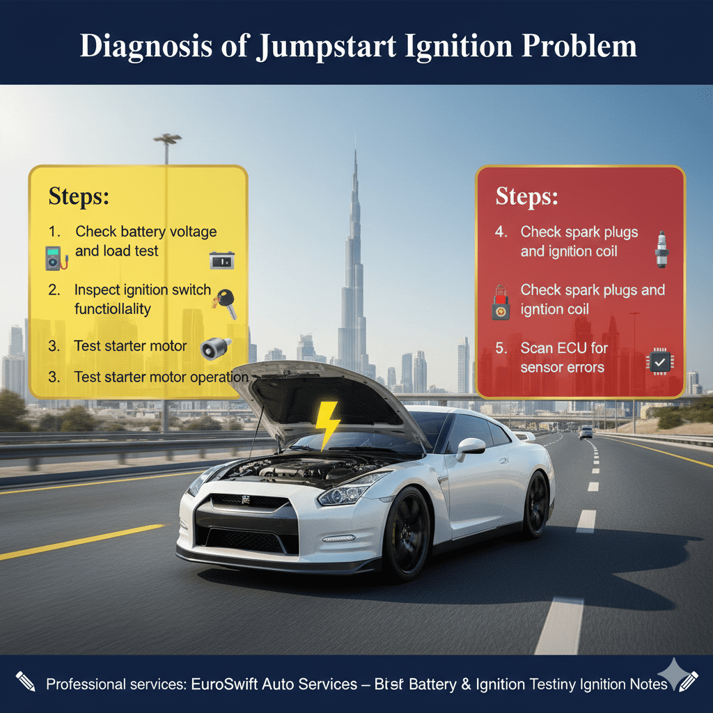 Diagnosis of Jumpstart Ignition Problem Animated-style user guide infographic showing a premium car with engine hood open in Dubai cityscape, title 'Diagnosis of Jumpstart Ignition Problem' at the top, with empty spaces on sides for bullet points listing diagnostic steps including battery voltage/load test, ignition switch inspection, starter motor test, spark plug/coil check, and ECU scan.