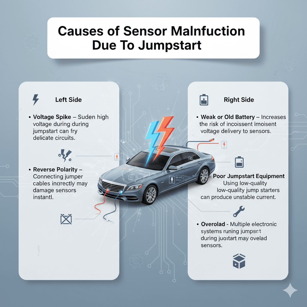 “User guide infographic showing main title ‘Causes of Sensor Malfunction Due to Jumpstart’ at top, key points on left and right sides, and premium vehicle image in the center with animated infographic style.”
