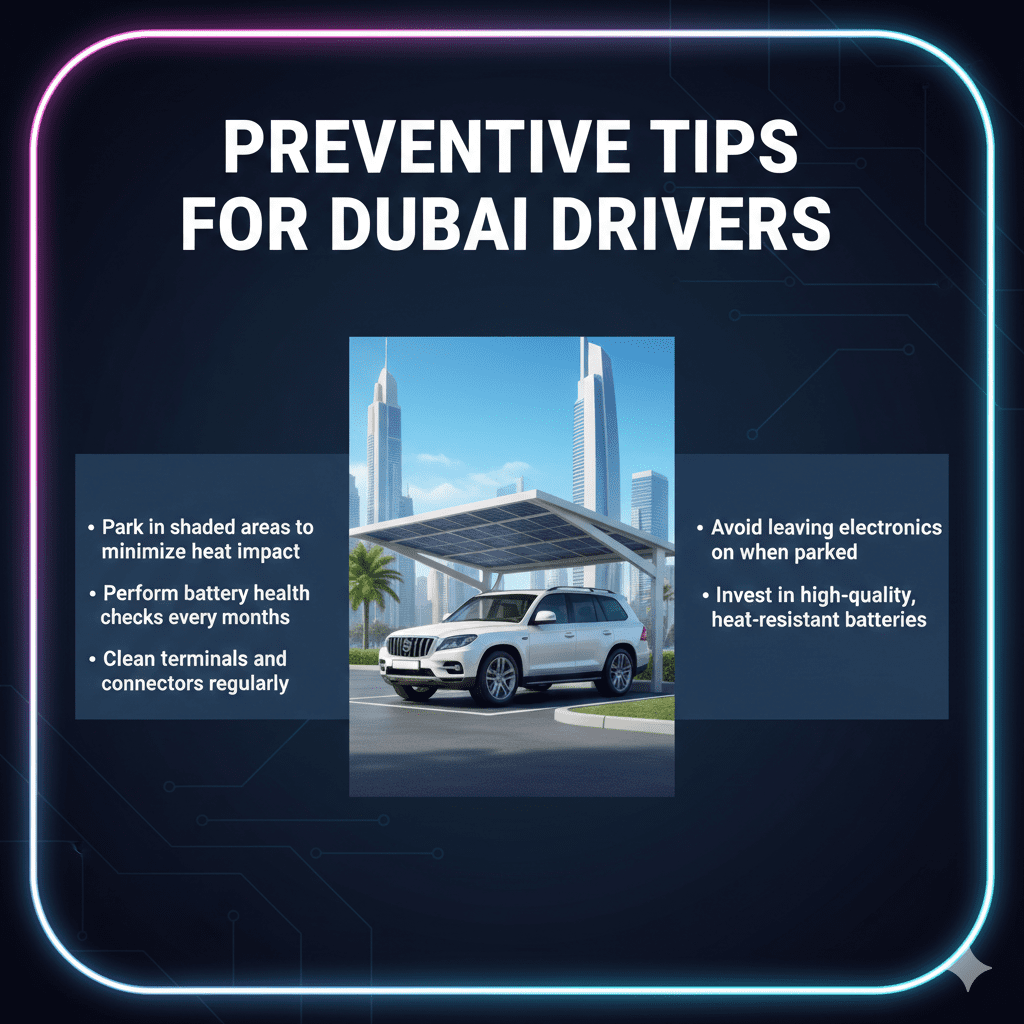 Animated-style user guide image showing the title "Preventive Tips for Dubai Drivers" at the top, a central animated car parked in shade, and preventive tips displayed neatly on both sides.