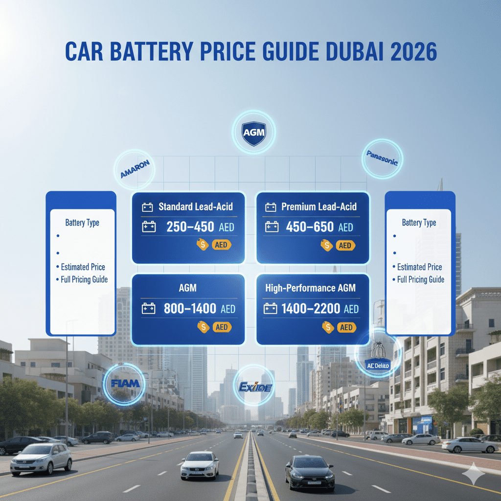 Feature image titled 'Car Battery Price Guide Dubai 2026' showing a 3D animated chart of battery types (Standard Lead-Acid, Premium Lead-Acid, AGM, High-Performance AGM) with estimated prices. Empty side panels for points: Battery Type, Estimated Price, Full Pricing Guide. Animated battery brand logos (Amaron, Bosch, Tuflong, AGM, Exide, Panasonic, FIAMM, AC Delco) on a blurred Dubai cityscape background.