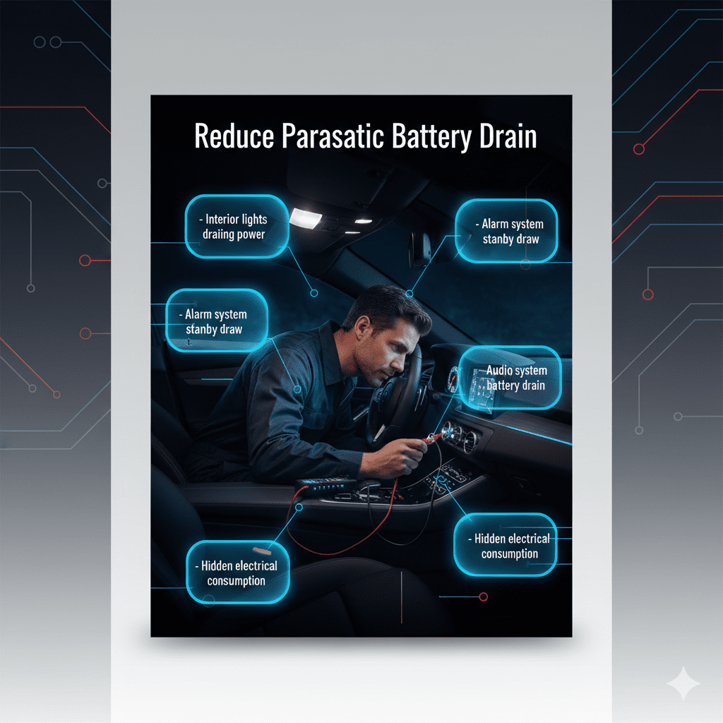 Infographic showing parasitic battery drain caused by car electronics and interior lights