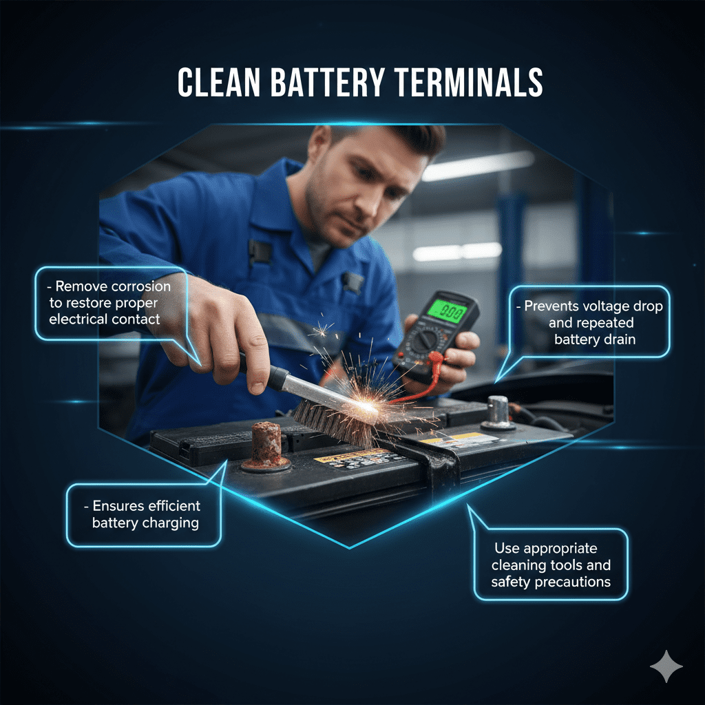 Infographic showing how to clean car battery terminals in Dubai to prevent fast battery drain