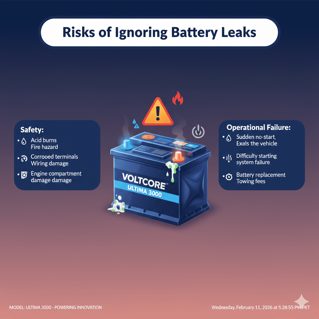 “Professional user guide illustration showing risks of ignoring jumpstart battery leaks, with title at the top, key risk points on sides, and an animated branded battery in the center.”