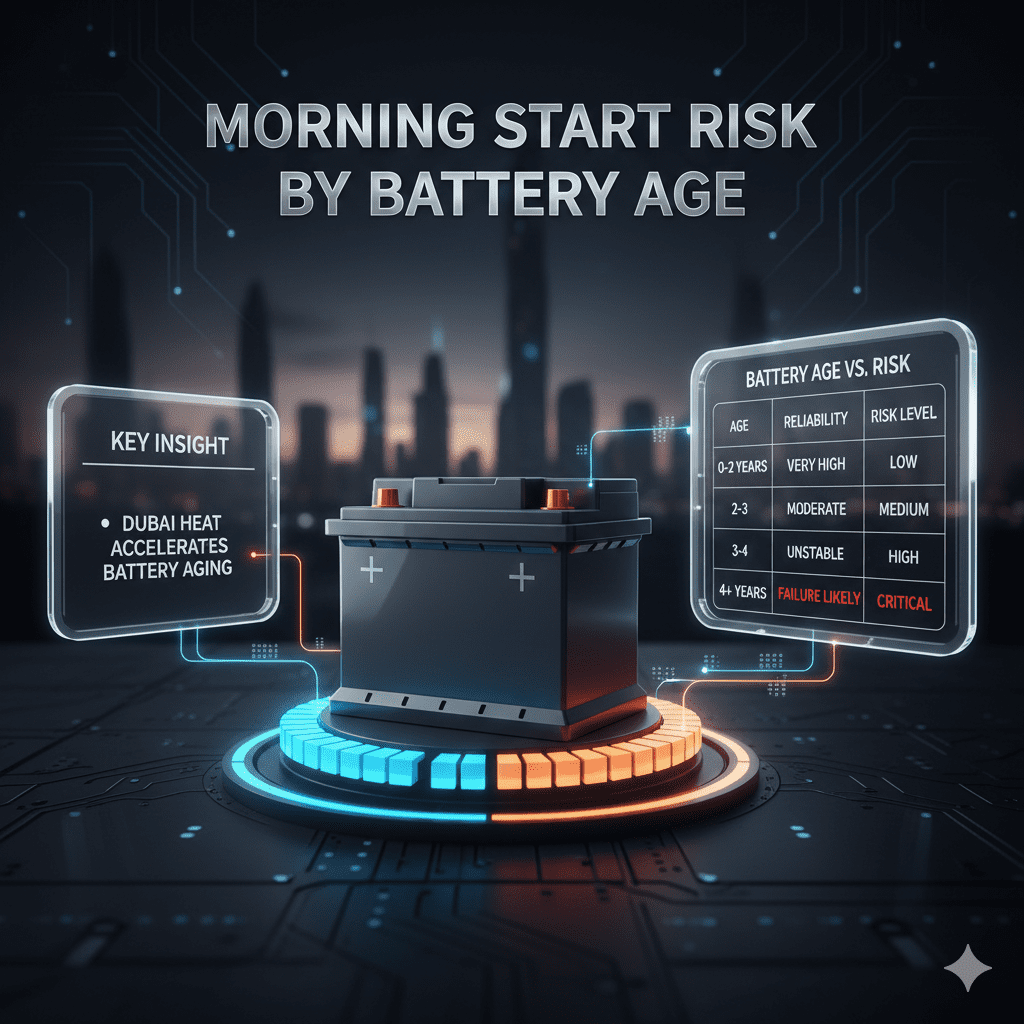 "Premium infographic showing battery age risk chart with a luxury car battery and reliability table explaining morning start failure risk."