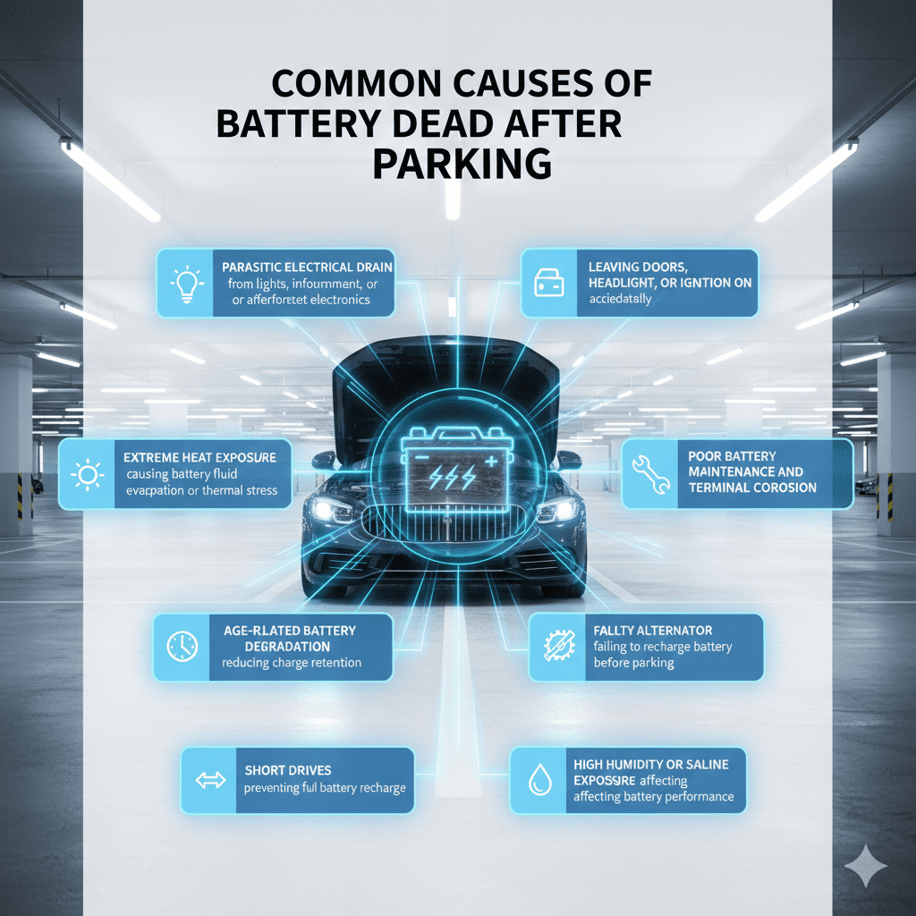 Infographic showing common causes of a car battery dying after parking, with key factors displayed around a central luxury vehicle illustration.