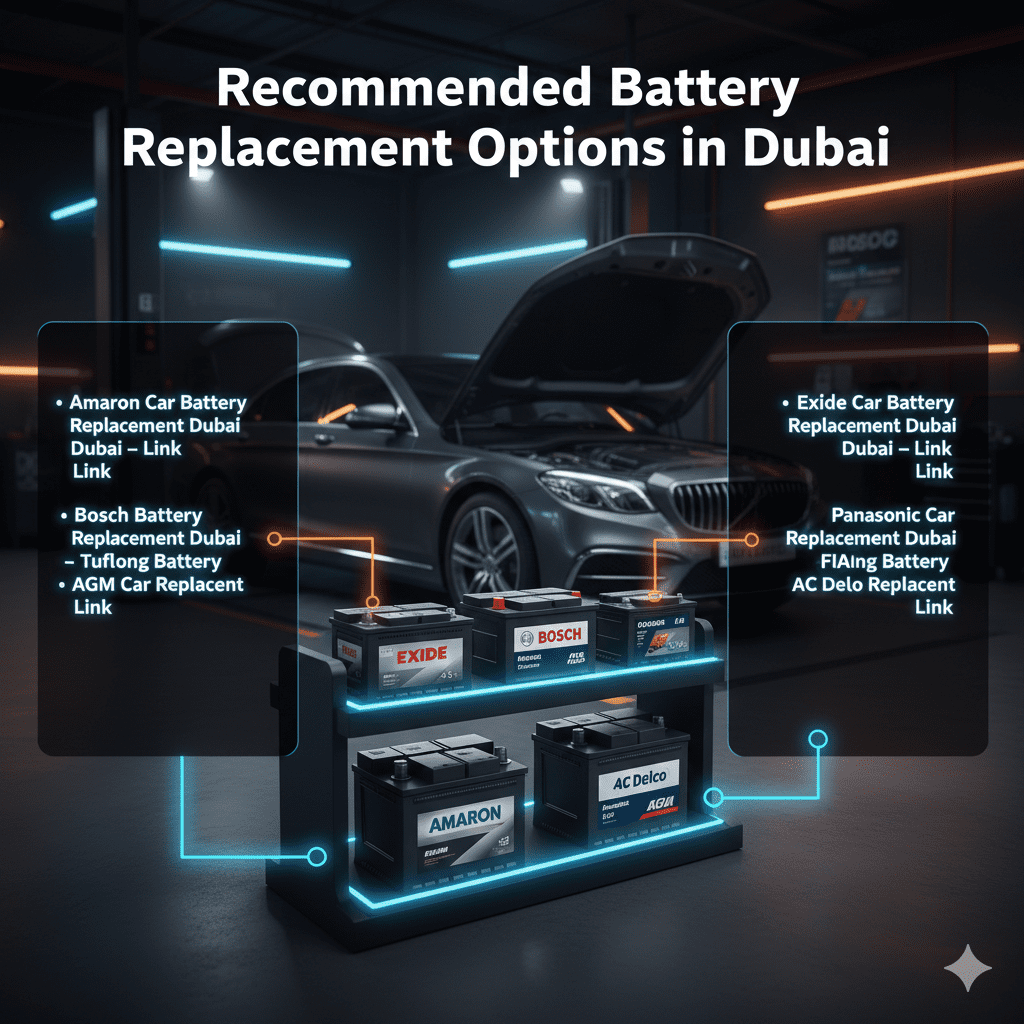 Luxury car in a Dubai service center with multiple premium batteries (Amaron, Bosch, Tuflong, AGM, Exide, Panasonic, FIAMM, AC Delco); animated infographic-style bullet points on sides display recommended replacement options with links.