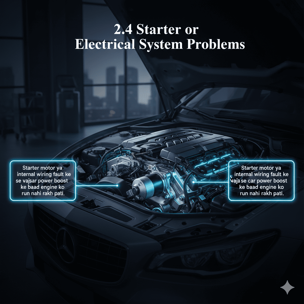 Feature image showing '2.4 Starter or Electrical System Problems' with title at the top, explanation highlighted in glowing text boxes on the sides, and a central cinematic view of a car starter motor and wiring connected to a premium car with animated-style highlights.