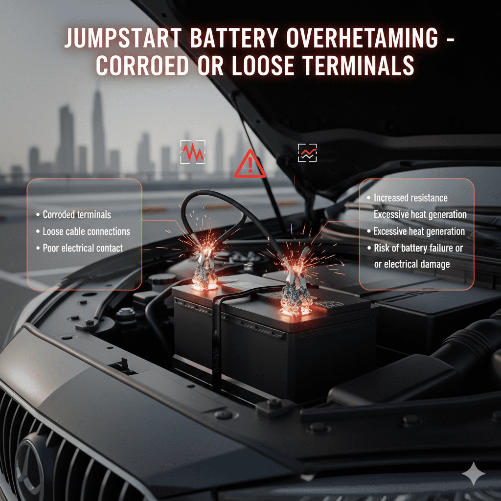 Infographic showing jumpstart battery overheating caused by corroded or loose terminals, poor connection, and heat generation with warning indicators.