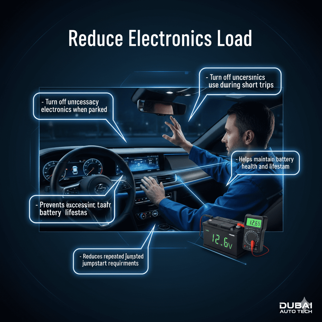 Infographic showing how to reduce electronics load in a car to prevent battery from draining fast in Dubai