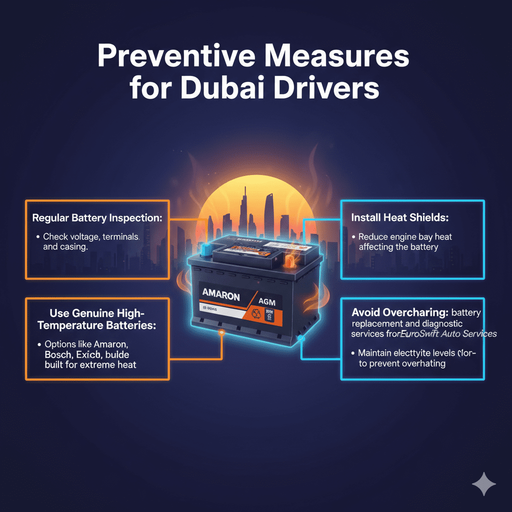 "Animated infographic showing preventive measures for car battery overheating in Dubai, including inspection, heat-resistant batteries, heat shields, avoiding overcharging, and electrolyte checks, with a premium battery in the center."