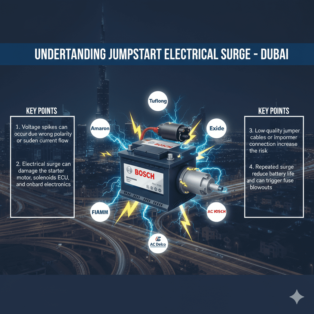 "Infographic showing how jumpstart electrical surge occurs in Dubai, with animated car battery in the center and top title 'Understanding Jumpstart Electrical Surge – Dubai'. Key points displayed on sides."