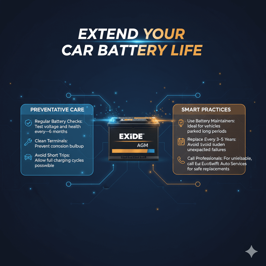 “Tips to Prevent Sudden Battery Failure – Dubai Guide” “Animated user guide image showing a top title, central car battery image, and bullet-pointed tips to prevent sudden battery failure on both sides.”