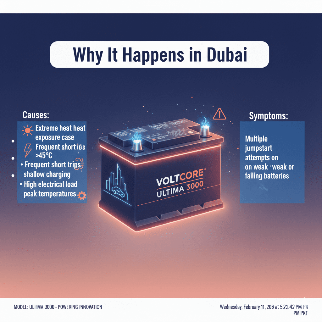 “Professional user guide illustration showing why jumpstart battery leaks happen in Dubai, with title at the top, key reasons on sides, and an animated branded battery in the center.”